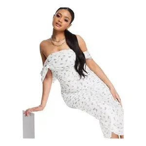 knee length dresses for ladies Mesh Bardot Ruched Midi Dress – InTheStyle main image 0